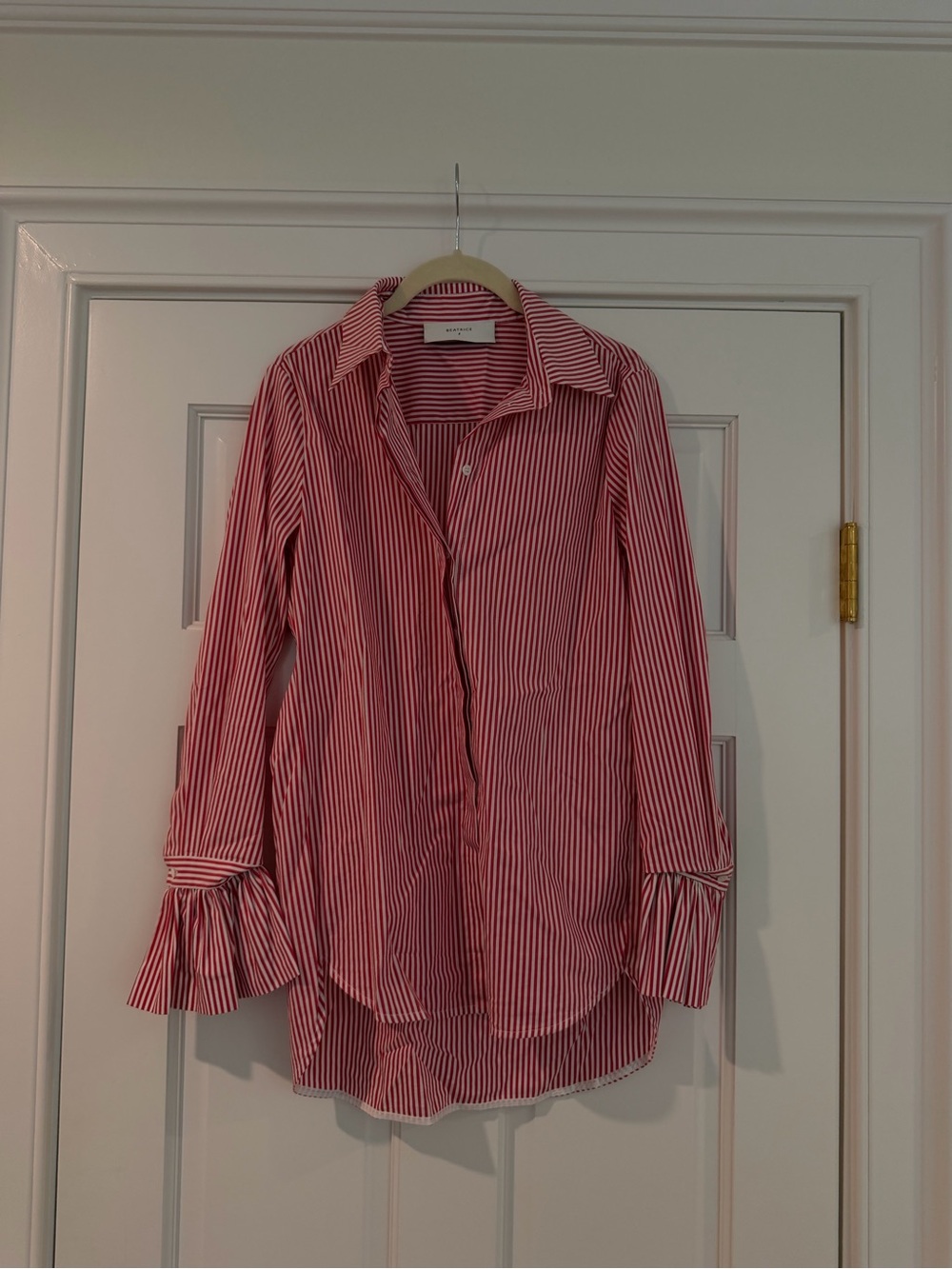 Red and White Striped Button-Down Shirt with Ruffle Cuffs